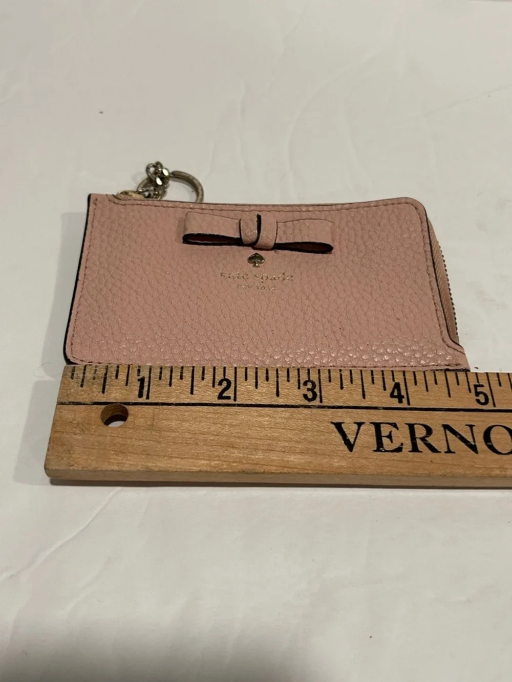 Kate Spade Pink Pebbled Leather Coin Purse Wallet Key Ring Bow Logo